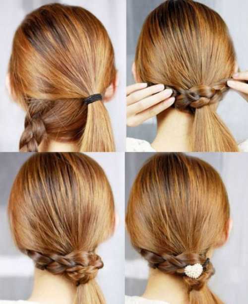 Собираем оба жгута в низкий хвост в районе затылка , Делаем небольшое углубление в волосах и формируем вывернутый хвост